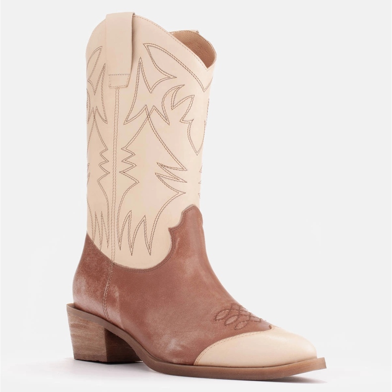 Marco Shoes Vyšívané kovbojské boty, kůže s vintage efektem béžový hnědý 1