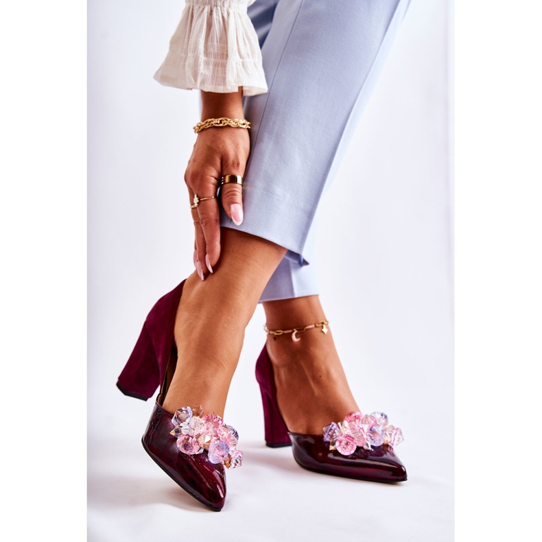 PA2 Módní kožené lodičky s kaštanovými ozdobami Louna červené 2