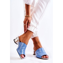 Kožené dámské pantofle krokodýl vzor na podpatku modré perry modrý 2