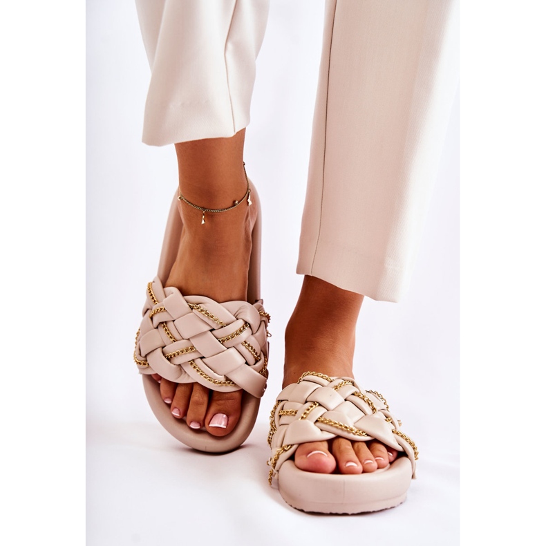 PS1 Dámské kožené pantofle S řetízkem Béžová Soline béžový 1