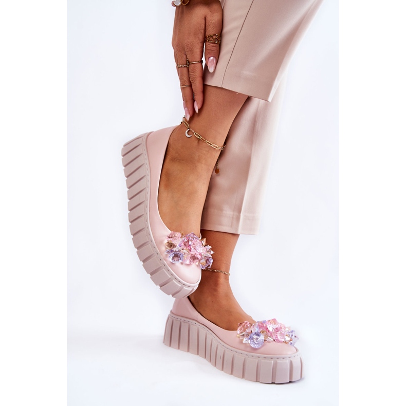 PA2 Kožené Baleríny Na Platformě S Barevnou Růžovou Dekorací Ladette růžový 2