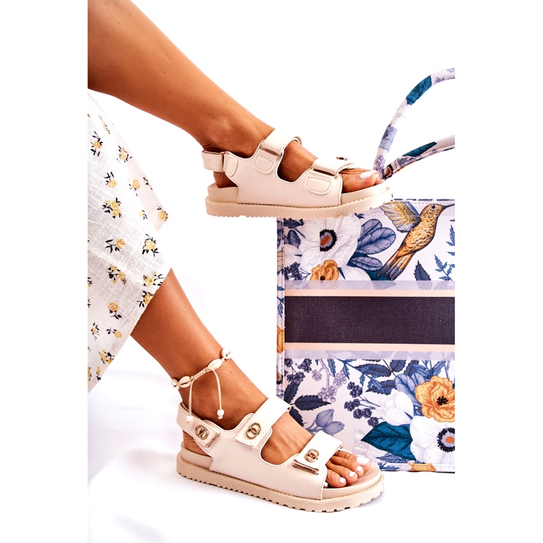 S.Barski Dámské kožené sandály s ozdobou, béžová béžový 4