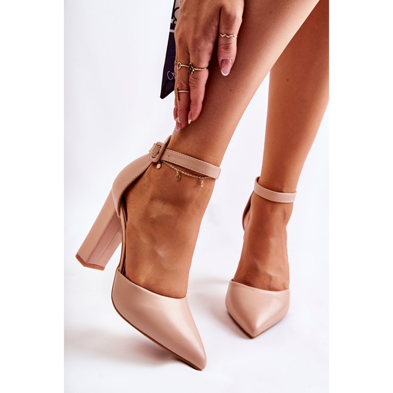 WS1 Kožené Lodičky Na Vysokém Postu Béžová Salira béžový 1