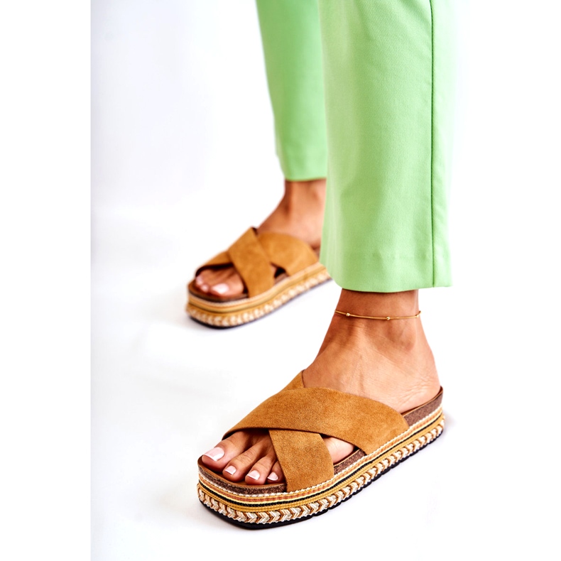 PG1 Dámské semišové pantofle na platformě Camel Jossie hnědý 4