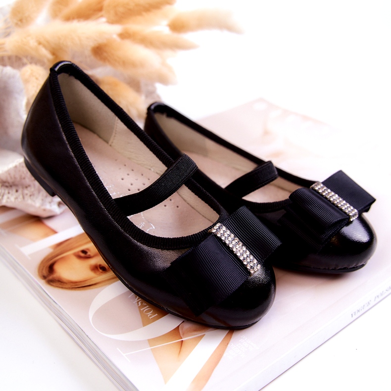 S.Barski Kožené dětské balerínky s ozdobnou mašlí Black Claril černá 4