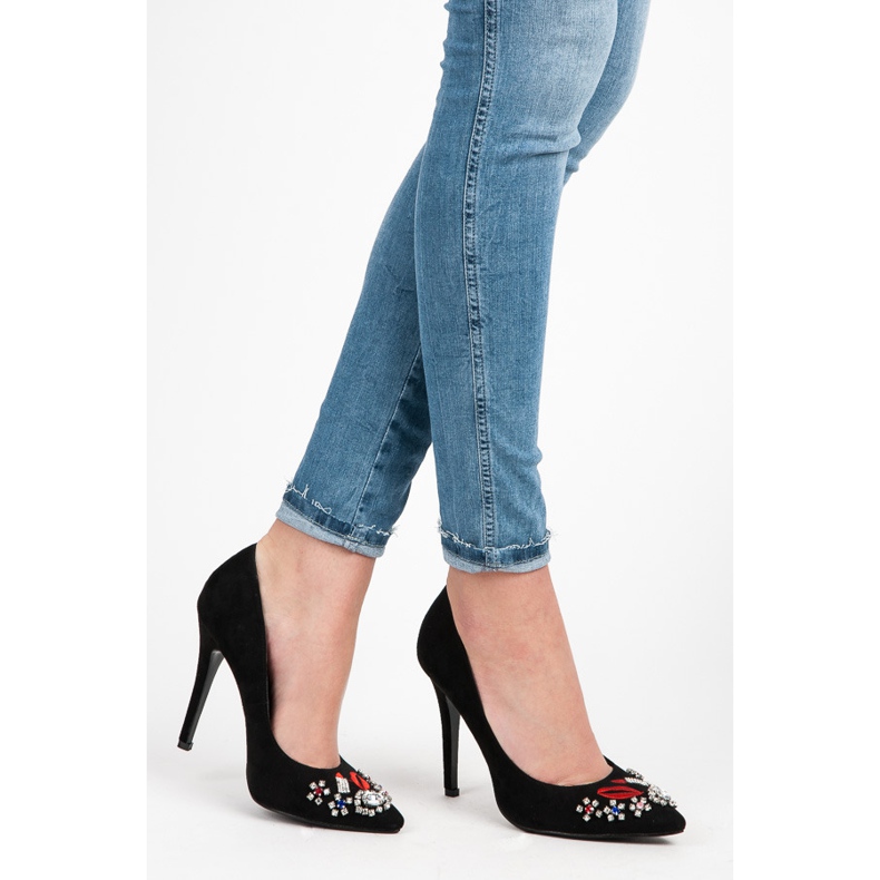 Weide Semišové podpatky s krystaly černá 2