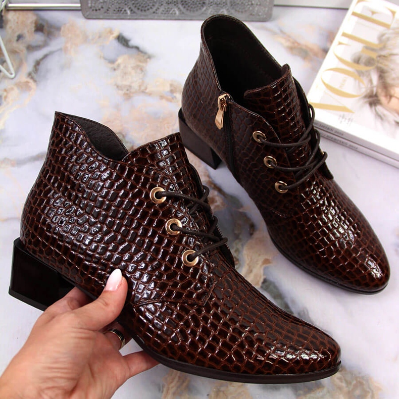 Lakové boty pro ženy, lakovaná hadí kůže Vinceza hnědý 1