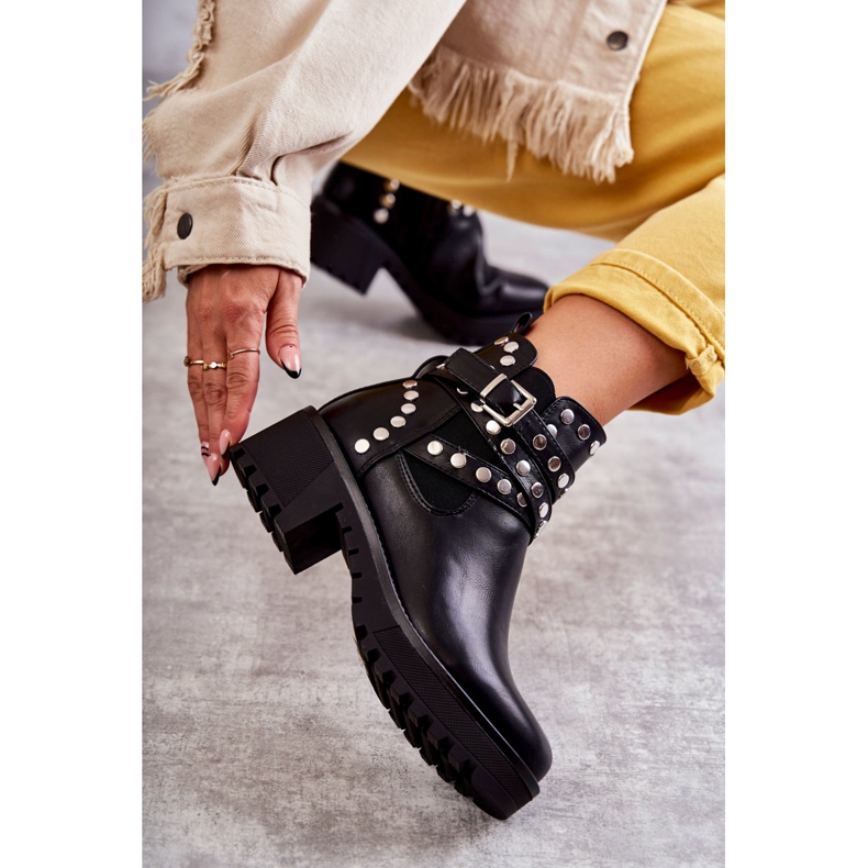 PG1 Kožené dámské kozačky s ozdobnými cvočky Black Sanchez černá 1