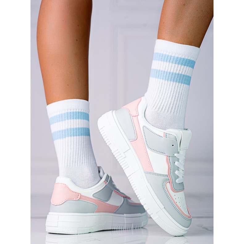 Dámské šněrovací tenisky na platformě Shelovet z ekologické kůže v bílé a šedorůžové barvě bílý vícebarevný 1