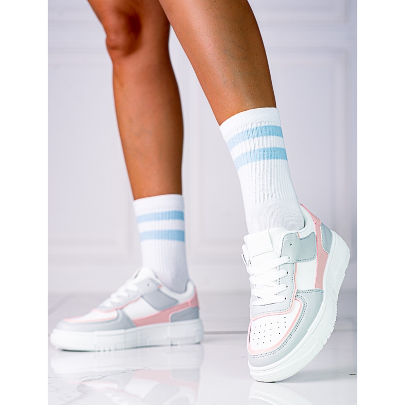 Dámské šněrovací tenisky na platformě Shelovet z ekologické kůže v bílé a šedorůžové barvě bílý vícebarevný 2