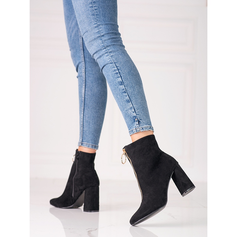 Dámské černé kozačky na sloupku Shelovet se zlatým zipem černá 2