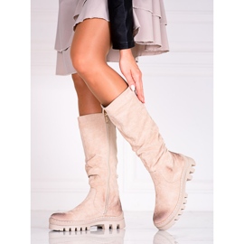 Vinceza Dámské semišové kozačky Potocki na silné béžové platformě béžový 1