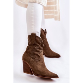 FB1 Dámské semišové prolamované kovbojské boty Khaki Eleonore hnědý 1