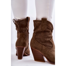 FB1 Dámské semišové prolamované kovbojské boty Khaki Eleonore hnědý 2