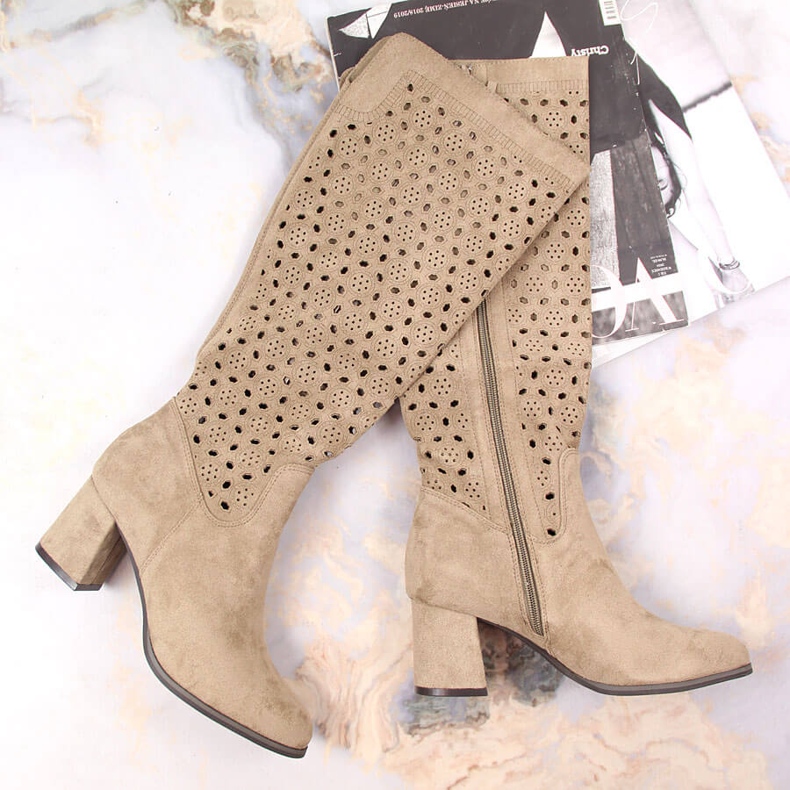 POTOCKI Dámské kozačky, prolamované, semišové hnědé Daszyński béžový hnědý 1