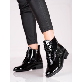 Elegantní šněrované dámské kozačky Shelovet z lakované ekologické kůže černá 1