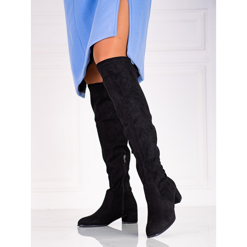 Dámské semišové stehenní kozačky na nízkém sloupku Shelovet černá 1