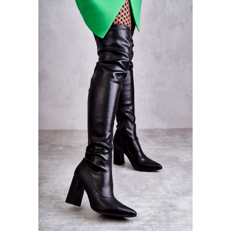 FS1 Kožené kozačky na vysokém podpatku černé Casto černá 1