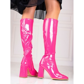 Dámské kozačky na sloupku Shelovet z lakované ekologické kůže, růžové růžový 1