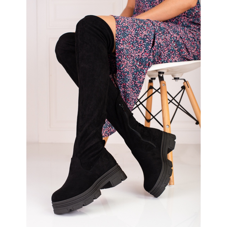 Dámské kozačky Shelovet po stehna na černé platformě černá 2