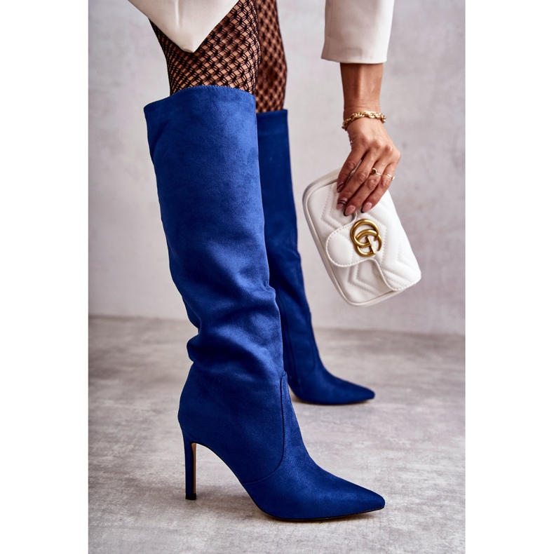 FS1 Semišové modré Carite kozačky na vysokém podpatku modrý 2