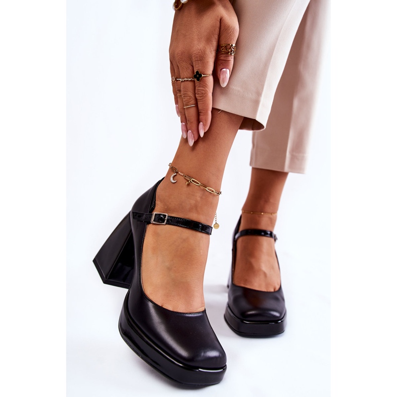 PA2 Kožené Lodičky Na Robustních Podpatcích Černá Tina 1