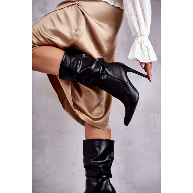 WS1 Vrásčité kozačky z ekokůže na vysokém podpatku Black Caren S1707 černá 2