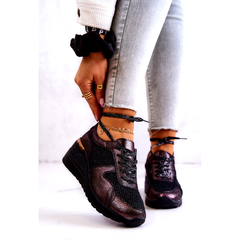 Kožené tenisky na klínku se síťovinou S.Barski černá 1