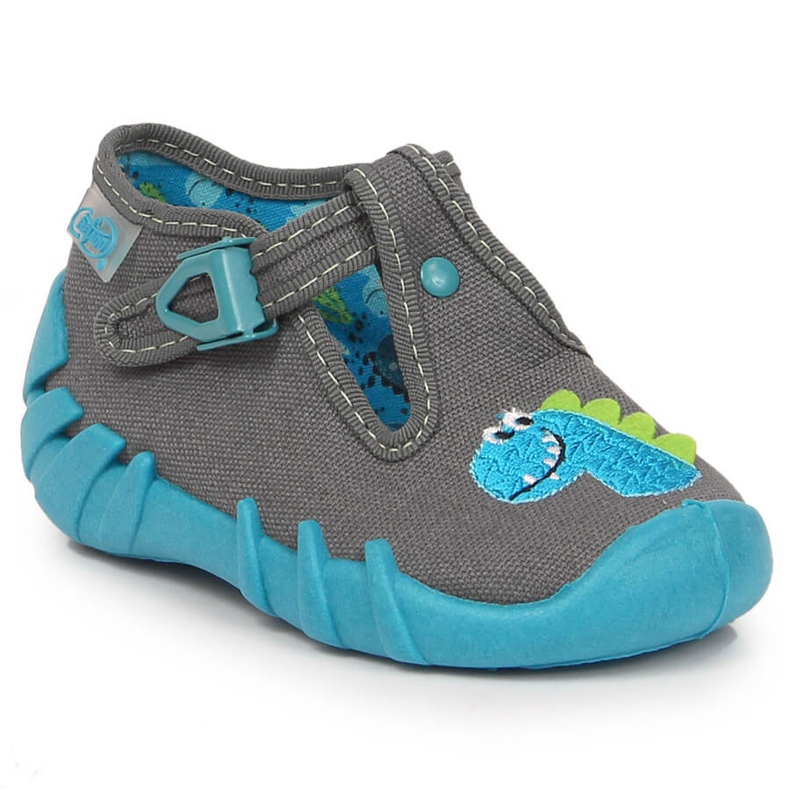 Přezka chlapeckých pantoflí s šedým dinosaurem Befado šedá 1