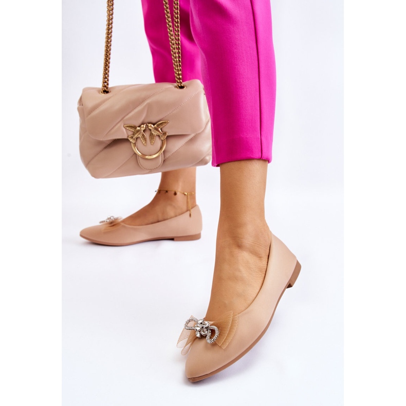 Dámské špičaté baleríny s ozdobnou mašlí Tmavě béžová svítící béžový 2