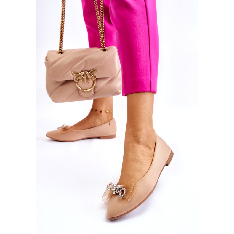 Dámské baleríny se špičatou špičkou s ozdobnou mašlí, tmavě béžová béžový 1