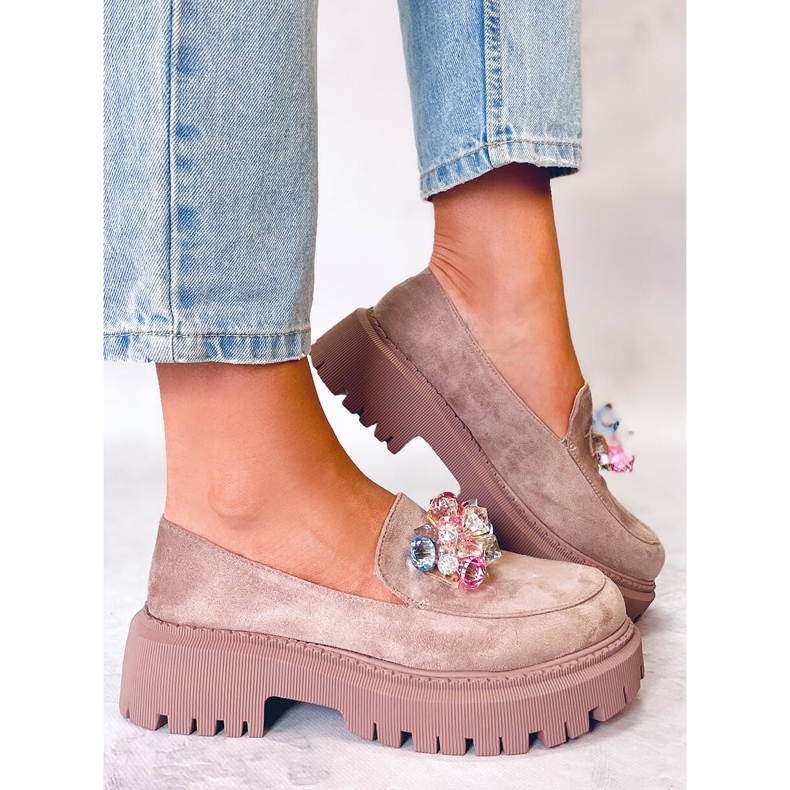 PA1 Korálkové mokasíny Stefani Khaki na platformě béžový 1