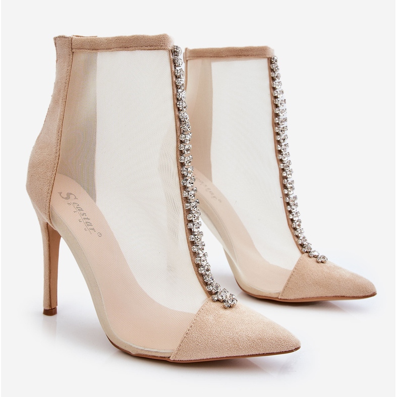 Módní dámské kozačky na vysokém podpatku s béžovou síťovinou Rummi béžový 1