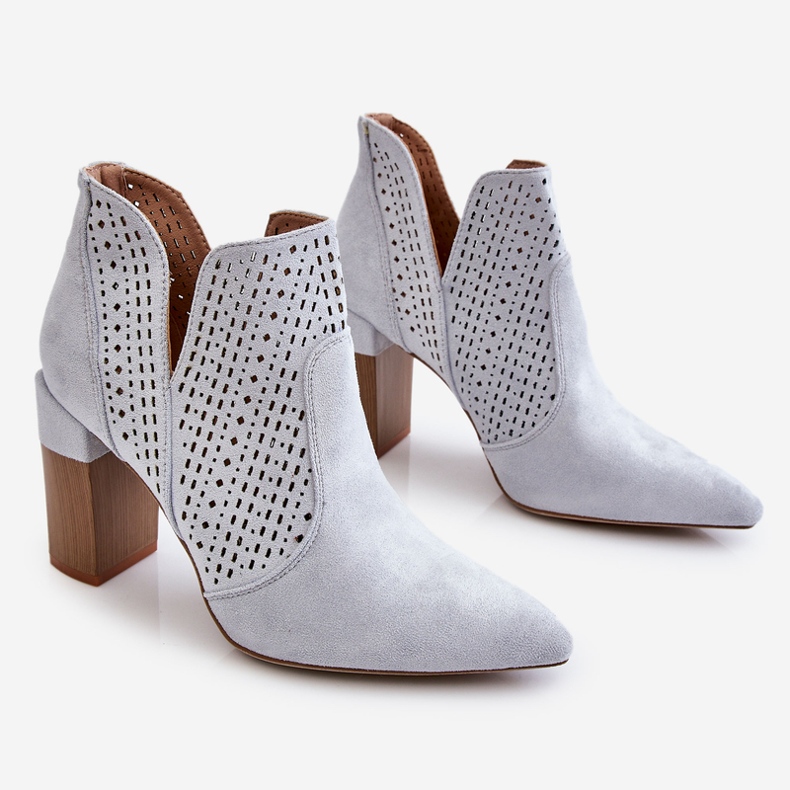 PM1 Módní semišové prolamované boty na vysokém podpatku Šedá Genevi stříbrný 1