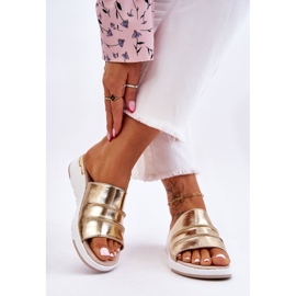 S.Barski Dámské Kožené Pantofle Na Nízkém Klínku Zlatá Leona zlatý 2