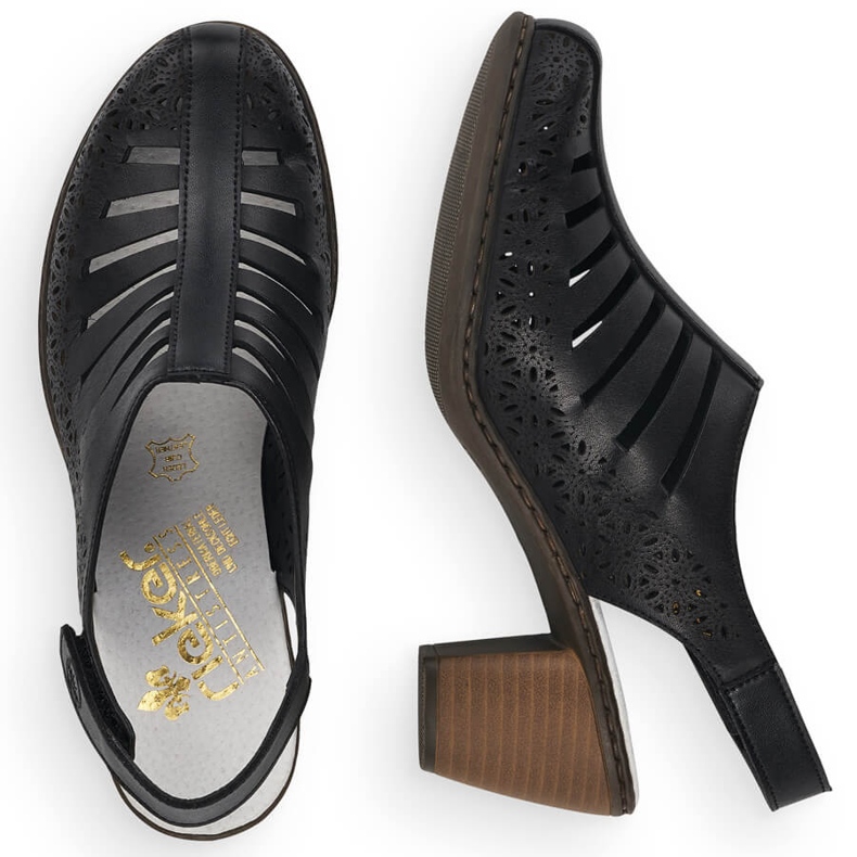 Kožené pohodlné dámské sandály na vysokém podpatku Rieker 40959-00 černá 2