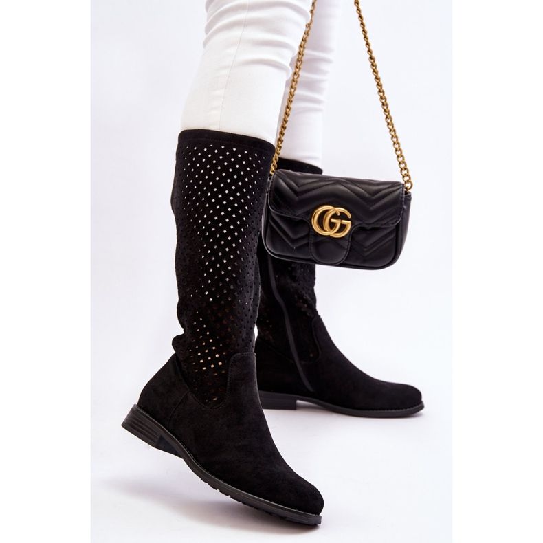 S.Barski Dámské semišové prolamované kozačky nad kolena Černá Savannah 2