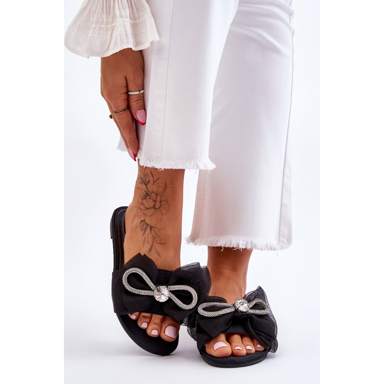 PS1 Dámské pantofle s mašlí a kamínky černá Jolene 1 PS1 Dámské pantofle s mašlí a kamínky černá Jolene 1