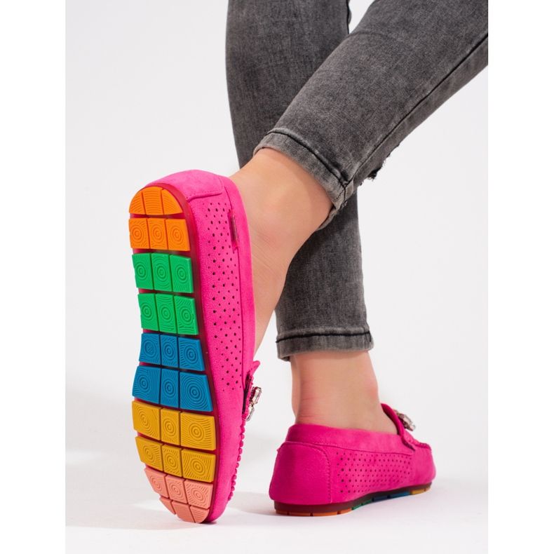 Růžové dámské prolamované mokasíny s krystaly Shelovet semiš růžový 2