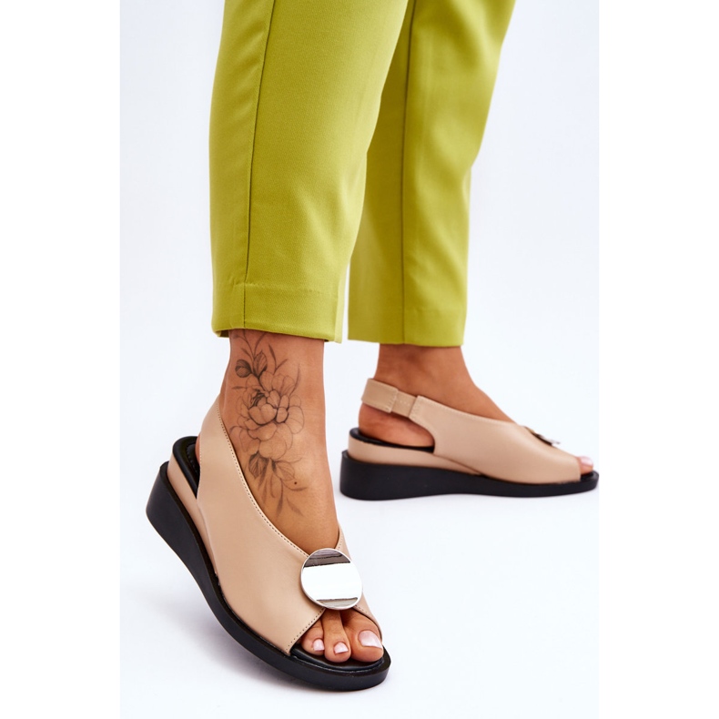 Vinceza Dámské kožené sandály na klínu Béžová Justice hnědý 2