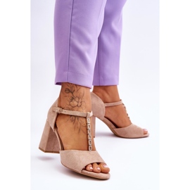 Vinceza Aniya Béžové semišové sandály na vysokém podpatku s kamínky hnědý 2