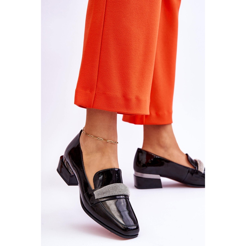 S.Barski Patentované černé mokasíny Lavern na vysokém podpatku s kubickými zirkony černá 2