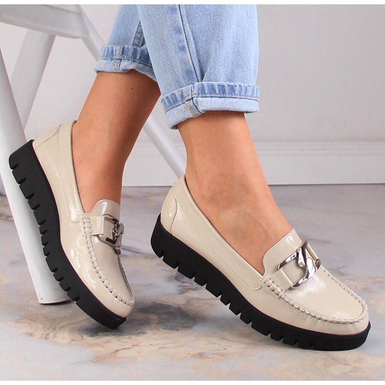 Dámské béžové lakované mokasíny na platformě Sergio Leone MK757 béžový 1