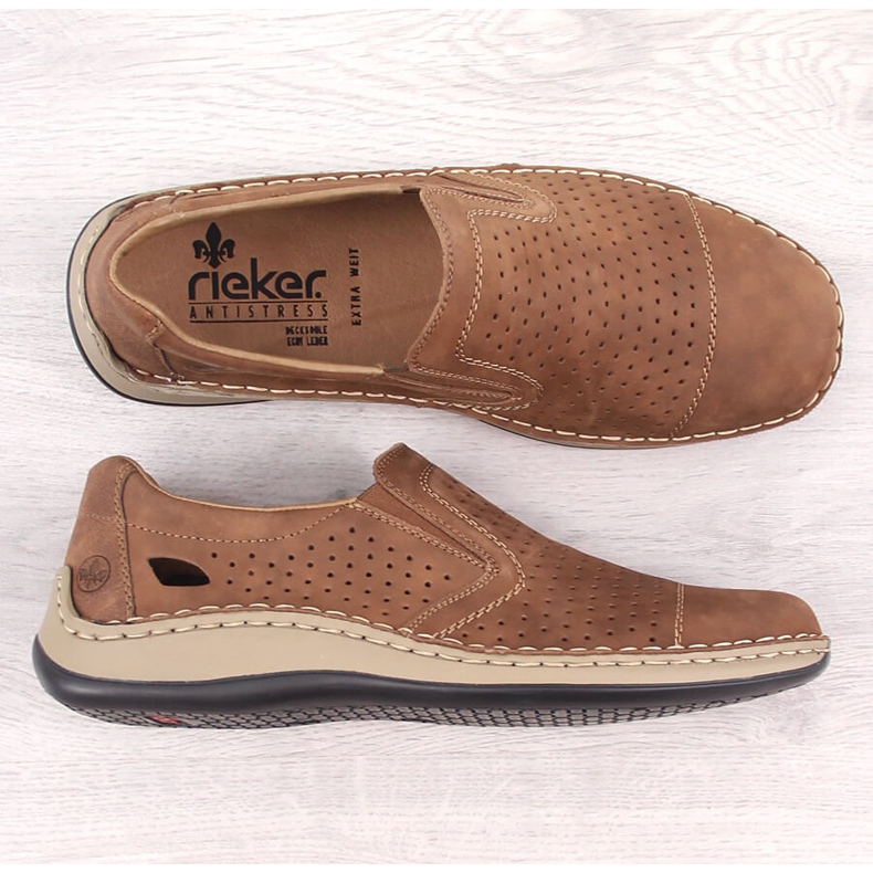 Kožené pánské prolamované slip-on hnědé boty Rieker 05286-24 hnědý 2 Kožené pánské prolamované slip-on hnědé boty Rieker 05286-24 hnědý 2