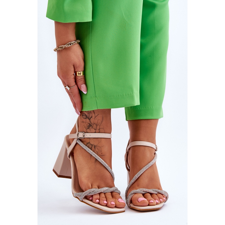 Kožené sandály s kamínky béžové podpatky Carlotta hnědý 1