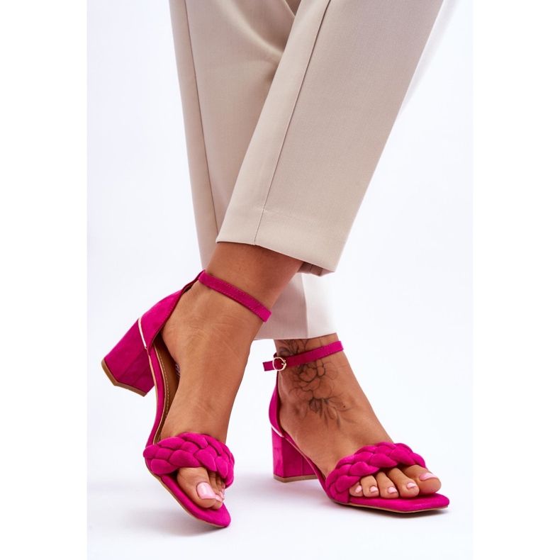 FB2 Semišové sandály na vysokém podpatku s ozdobnými copánky fuchsie azela růžový 2