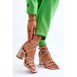 FJ1 Kožené módní dámské sandály béžové Primma vysoké podpatky hnědý 2