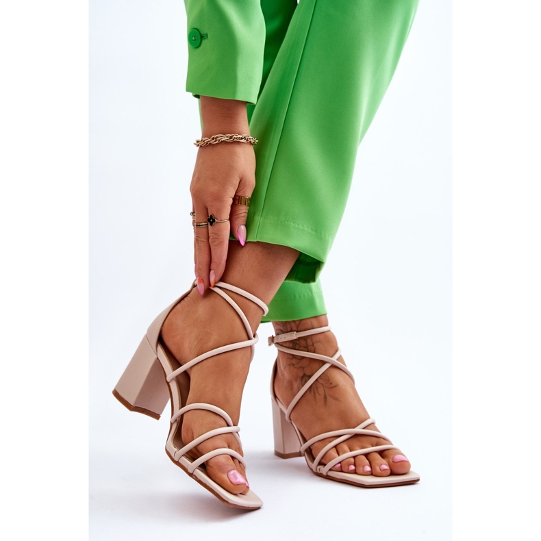 FJ1 Kožené módní dámské sandály béžové Primma vysoké podpatky hnědý 2