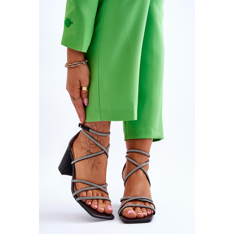 FJ1 Dámské kožené sandály s vysokými podpatky kubickými zirkony černé Liviano černá 1