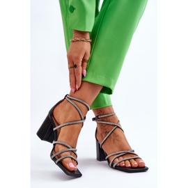 FJ1 Dámské kožené sandály s vysokými podpatky kubickými zirkony černé Liviano černá 2